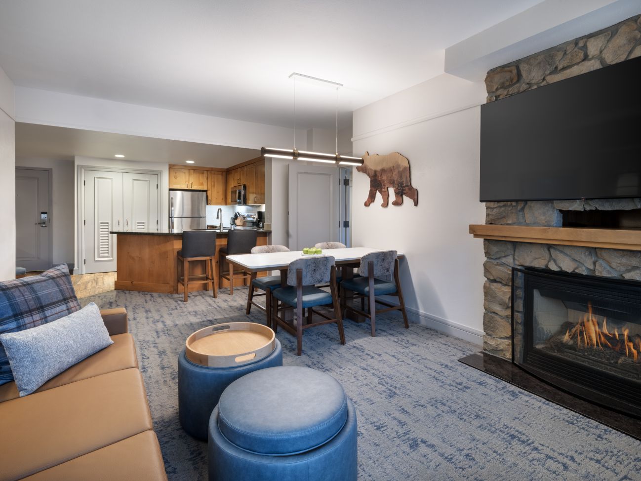 Living Area, Dining Area, and Kitchen